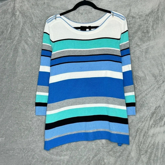 Rafaella Sweaters - Rafaella XL Sweater Blue Striped 3/4 Sleeve Round Neck Stretch Zip Shoulders